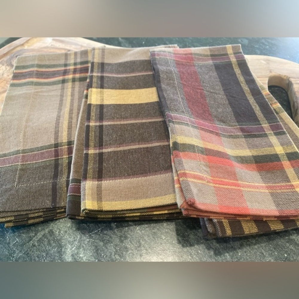 Pottery Barn Woodrow Plaid Cotton Napkins, SET OF 3 Brown Gray Multi Rare Rustic